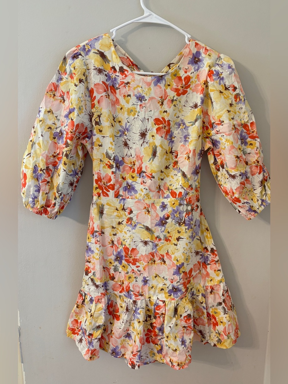 Lush Floral Puff Sleeve Cutout Back Tie Mini Dress – Size S